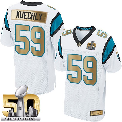 Men's Elite Luke Kuechly Super Bowl 50 Nike Jersey White - #59 Collection NFL Carolina Panthers